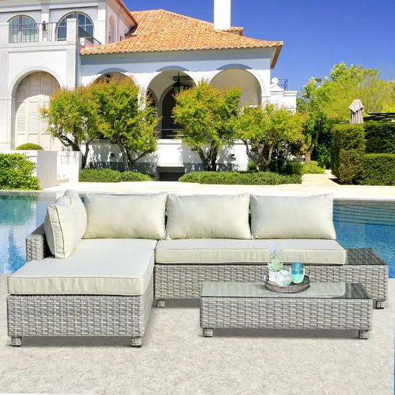 Buy Outsunny 3 Pieces Outdoor PE Rattan Sofa Set, Patio Wicker Sectional Conversation Aluminium Frame Furniture Set, 4-Level Adjust Backrest Chaise Lounge