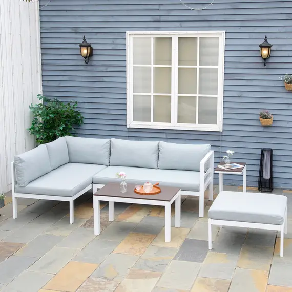Buy Outsunny 5-Piece L-shaped Garden Furniture Set, Aluminium Conversation Set, Corner Sofa Set with Coffee Table End Table Cushions, White Frame