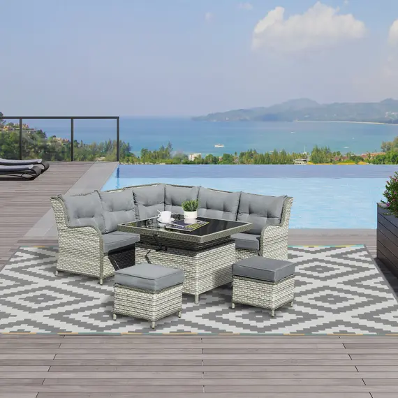 Buy Outsunny 5-Seater Patio PE Rattan Garden Sofa Set, Wicker Sectional Conversation Aluminum Frame Furniture w/ Cushion, Grey, 2 image