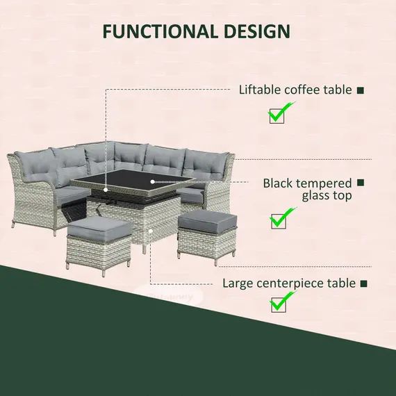 Buy Outsunny 5-Seater Patio PE Rattan Garden Sofa Set, Wicker Sectional Conversation Aluminum Frame Furniture w/ Cushion, Grey, 7 image