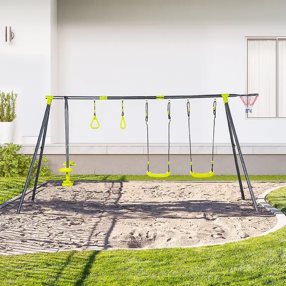 Buy Outsunny Kids Swing Set for Backyard, Outdoor Play Equipment, w/ Adjustable Swing Seats, Seesaw, Basket Hoop, A-Frame Metal Stand for Ages 3-10 Years