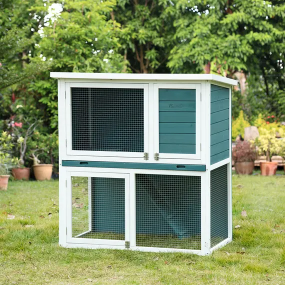 Buy PawHut 2 Tier Wooden Rabbit Hutch, Guinea Pig Cage, Bunny Run, Small Animal House for Indoor Outdoor with Slide-out Tray, 104 x 58 x 110cm, Green
