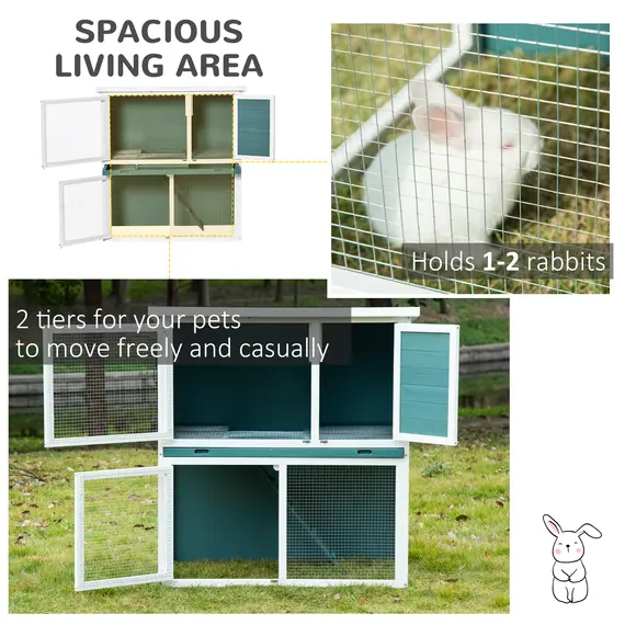 Buy PawHut 2 Tier Wooden Rabbit Hutch, Guinea Pig Cage, Bunny Run, Small Animal House for Indoor Outdoor with Slide-out Tray, 104 x 58 x 110cm, Green, 3 image