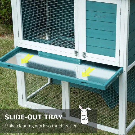 Buy PawHut 2 Tier Wooden Rabbit Hutch, Guinea Pig Cage, Bunny Run, Small Animal House for Indoor Outdoor with Slide-out Tray, 104 x 58 x 110cm, Green, 4 image