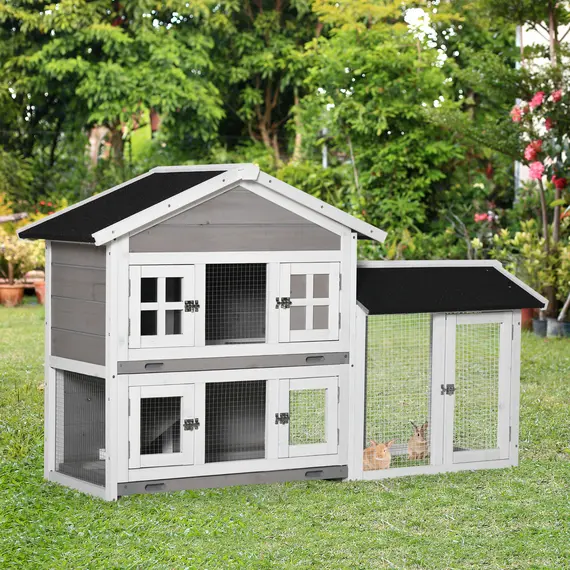 Buy PawHut 2 Tier Wooden Rabbit Hutch, Guinea Pig Cage, Bunny Run, Small Animal House for Indoor Outdoor with Slide-out Tray, Ramp, 150 x 55 x 91cm, Grey