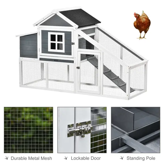 Buy PawHut Chicken Coop, Hen House, Wooden Poultry Habitat with Outdoor Run, Nesting Box, Slide Out Tray, Lockable Doors, Ramp, 176 x 66 x 110cm, White, 4 image
