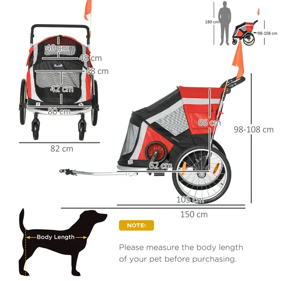 Buy PawHut Dog Bike Trailer, Two-In-One Foldable Pet Bike Trailer w/ Safety Leash, Flag, for Small Cats, Puppies, Camping, Hiking - Red, 2 image
