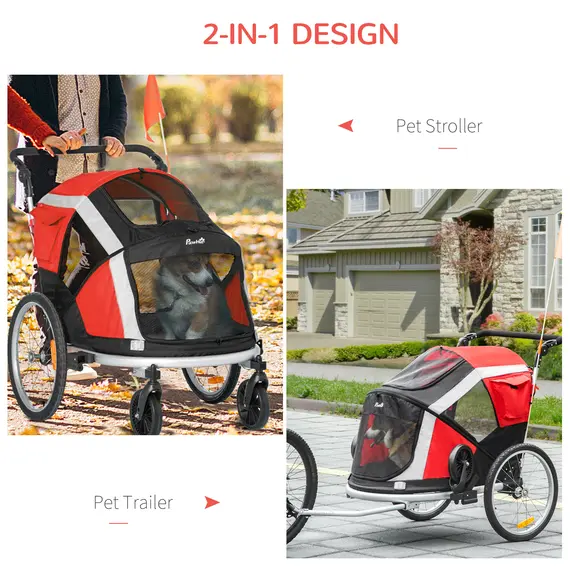 Buy PawHut Dog Bike Trailer, Two-In-One Foldable Pet Bike Trailer w/ Safety Leash, Flag, for Small Cats, Puppies, Camping, Hiking - Red, 3 image