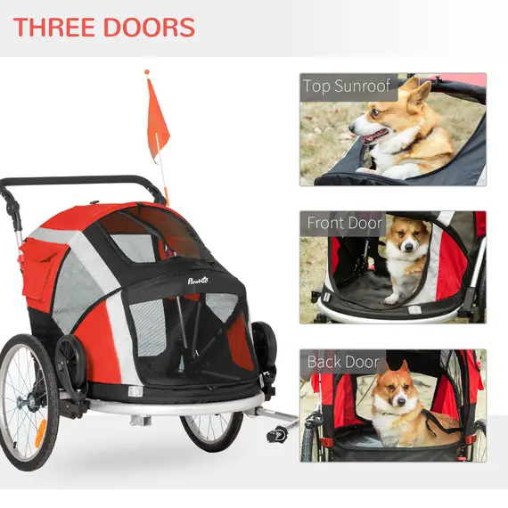 Buy PawHut Dog Bike Trailer, Two-In-One Foldable Pet Bike Trailer w/ Safety Leash, Flag, for Small Cats, Puppies, Camping, Hiking - Red, 4 image