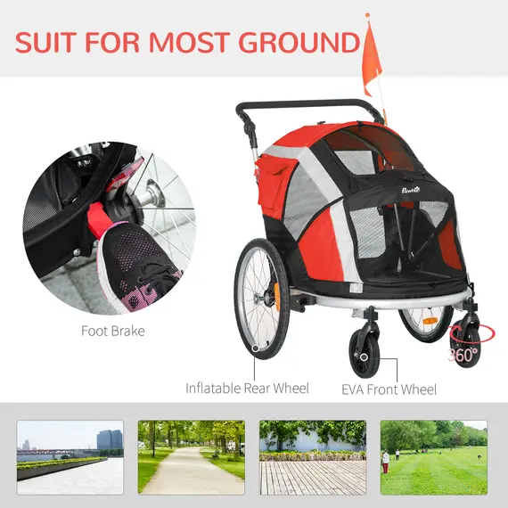 Buy PawHut Dog Bike Trailer, Two-In-One Foldable Pet Bike Trailer w/ Safety Leash, Flag, for Small Cats, Puppies, Camping, Hiking - Red, 5 image