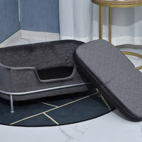 Buy PawHut Pet Sofa Couch, Dog Bed, Cat Lounger, with Metal Base Removable Cushion Modern Furniture for Small Dogs, 63.5 x 43 x 24.5cm, Grey, 7 image