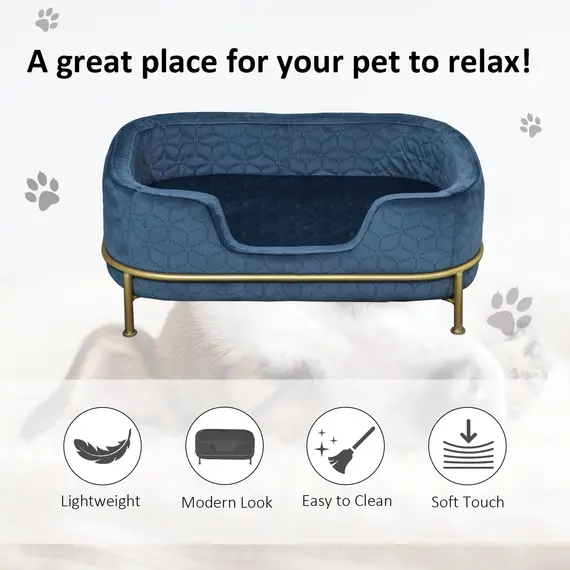 Buy PawHut Pet Sofa Couch, Dog Bed, Cat Lounger, with Metal Base Removable Cushion Modern Furniture for Small Dogs, 63.5 x 43 x 24.5cm, Blue, 3 image