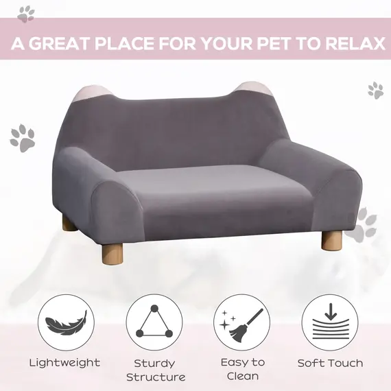 Buy Pet Sofa Couch, Velvet-Touch Dog Bed, Cat Lounger w/ Four Wooden Legs 63x43x36 cm - Grey, 3 image