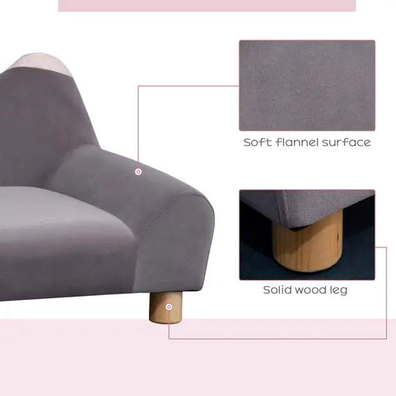 Buy Pet Sofa Couch, Velvet-Touch Dog Bed, Cat Lounger w/ Four Wooden Legs 63x43x36 cm - Grey, 4 image