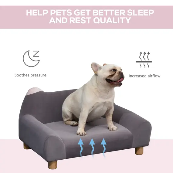 Buy Pet Sofa Couch, Velvet-Touch Dog Bed, Cat Lounger w/ Four Wooden Legs 63x43x36 cm - Grey, 6 image