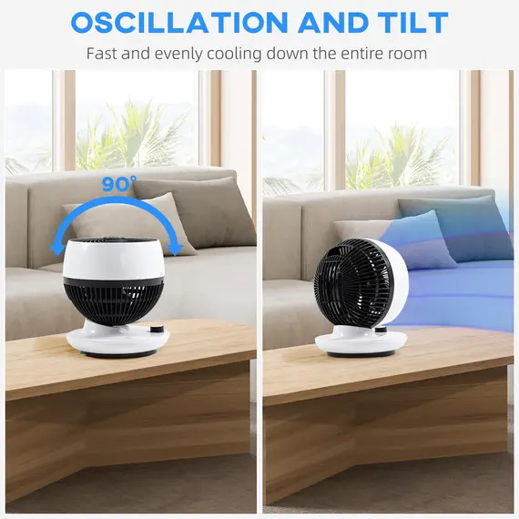 Buy Room Air Circulator Fan with 3 Speed, 70В° Oscillating 90В° Tilt, Tabletop Personal Fan for Living Room, Bedroom, Office, Black and White, 6 image