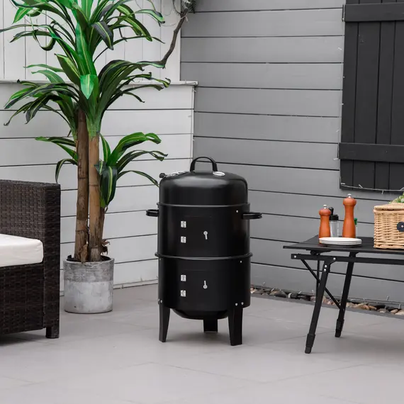Buy 3-in-1 Charcoal BBQ Grill, Portable Smoker Barbecue with Thermostat for Garden Camping Outdoor Cooking