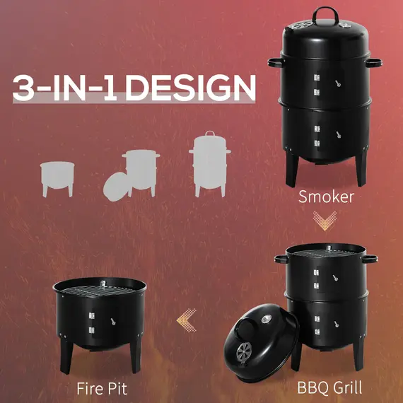 Buy 3-in-1 Charcoal BBQ Grill, Portable Smoker Barbecue with Thermostat for Garden Camping Outdoor Cooking, 3 image