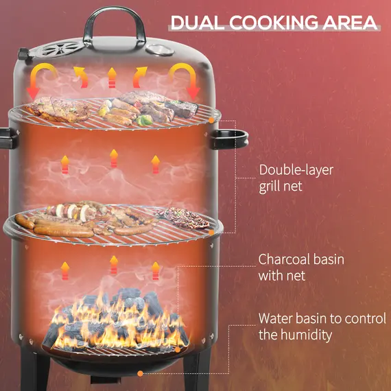 Buy 3-in-1 Charcoal BBQ Grill, Portable Smoker Barbecue with Thermostat for Garden Camping Outdoor Cooking, 4 image