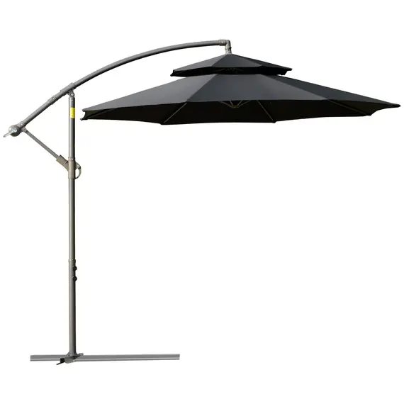 Buy 2.7m Banana Parasol Cantilever Umbrella with Crank Handle, Double Tier Canopy and Cross Base for Outdoor, Hanging Sun Shade, Black