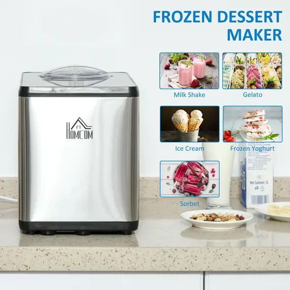 Buy HOMCOM Ice Cream Maker Machine, 1.5L Stainless Steel Gelato, Sorbet, Milkshake, Frozen Yoghurt Maker with Detachable Mixing Paddle LED Display, 4 image