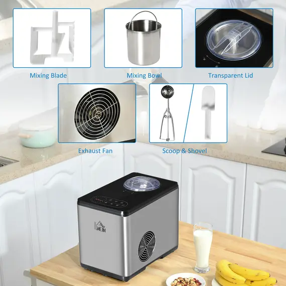 Buy HOMCOM Ice Cream Maker Machine, 1.5L Stainless Steel Gelato, Sorbet, Milkshake, Frozen Yoghurt Maker with Detachable Mixing Paddle LED Display, 6 image