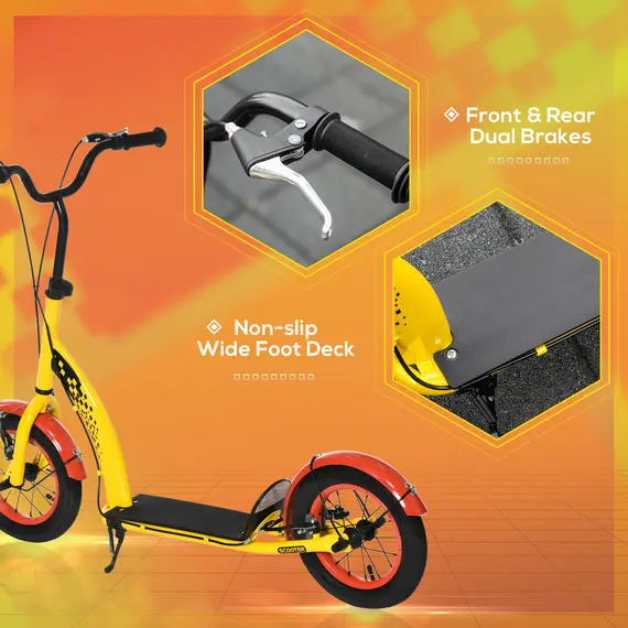 Buy HOMCOM Kids Kick Scooter, w/ Adjustable Height, Front Rear Dual Brakes, 12 Inch Inflatable Rubber Wheels, for Ages 5+ Years - Yellow, 4 image