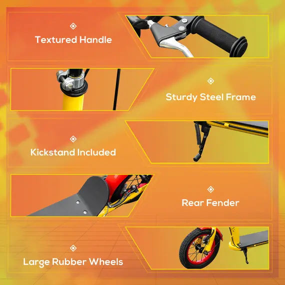 Buy HOMCOM Kids Kick Scooter, w/ Adjustable Height, Front Rear Dual Brakes, 12 Inch Inflatable Rubber Wheels, for Ages 5+ Years - Yellow, 6 image
