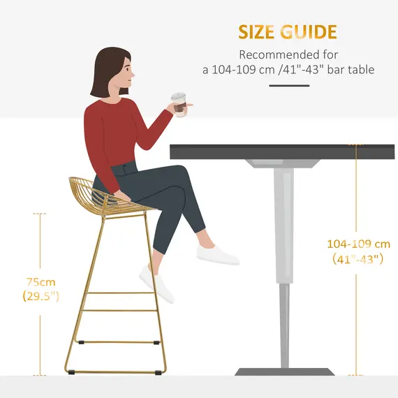Buy HOMCOM Set of 2 Bar Stools, Metal Wire Bar Chairs, Modern Iron High Stool for Kitchen, Pub Chair with Backrest, Footrest, Steel Frame, Gold, 6 image