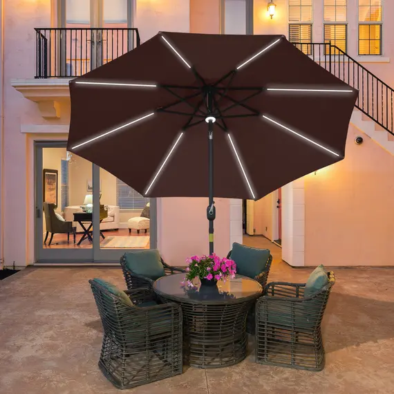 Buy Outsunny 2.7m Garden Parasol Sun Umbrella Patio Summer Shelter w/ LED Solar Light, Angled Canopy, Vent, Crank Tilt, Coffee Brown