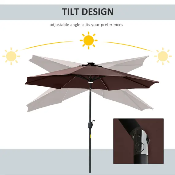 Buy Outsunny 2.7m Garden Parasol Sun Umbrella Patio Summer Shelter w/ LED Solar Light, Angled Canopy, Vent, Crank Tilt, Coffee Brown, 4 image