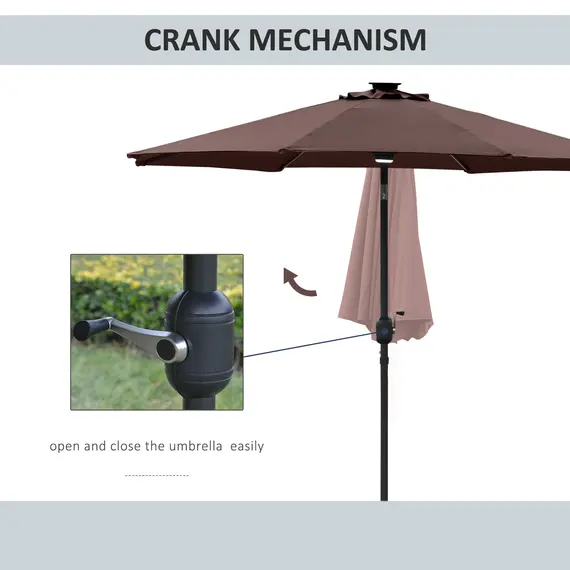 Buy Outsunny 2.7m Garden Parasol Sun Umbrella Patio Summer Shelter w/ LED Solar Light, Angled Canopy, Vent, Crank Tilt, Coffee Brown, 5 image