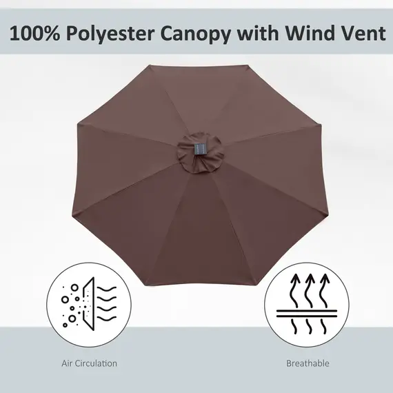 Buy Outsunny 2.7m Garden Parasol Sun Umbrella Patio Summer Shelter w/ LED Solar Light, Angled Canopy, Vent, Crank Tilt, Coffee Brown, 6 image