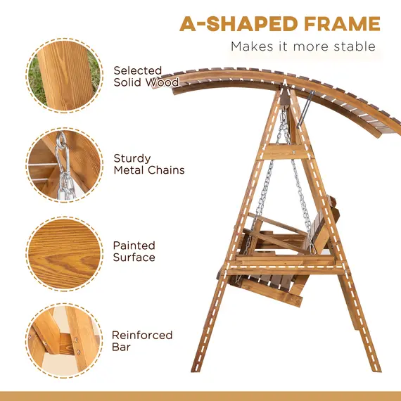 Buy Outsunny 2 Seater Garden Swing Chair, Outdoor Canopy Swing Bench with Adjustable Shade and Solid Wood Frame, 4 image