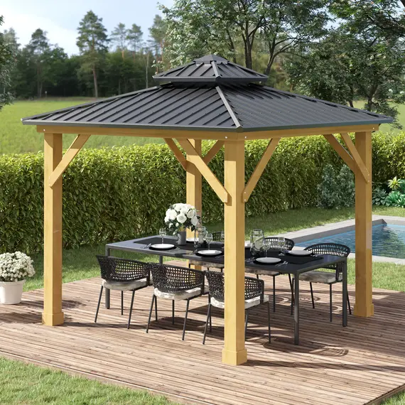 Buy Outsunny 3x(3)M Outdoor Hardtop Gazebo Canopy with 2-Tier Roof and Solid Wood Frame Outdoor Patio Shelter for Patio, Garden, Grey, 2 image
