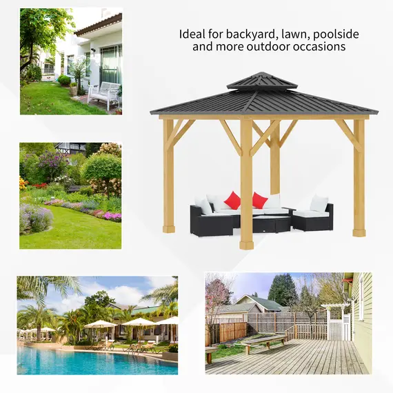 Buy Outsunny 3x(3)M Outdoor Hardtop Gazebo Canopy with 2-Tier Roof and Solid Wood Frame Outdoor Patio Shelter for Patio, Garden, Grey, 7 image