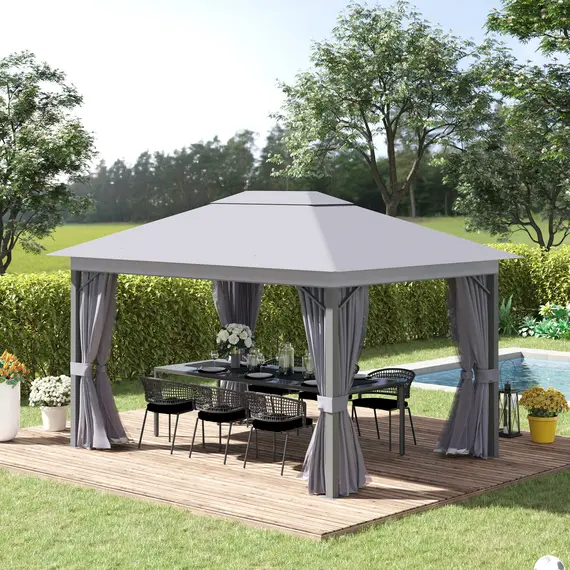 Buy Outsunny 4 x 3(m) Patio Gazebo Canopy Garden Tent Shelter with Vented Roof, Mosquito Netting and Curtains, Aluminium Frame, Grey