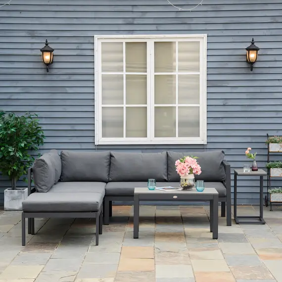 Buy Outsunny 5-Piece L-shaped Garden Furniture Set, Aluminium Conversation Set, Corner Sofa Set with Coffee Table End Table Cushions, Grey Frame