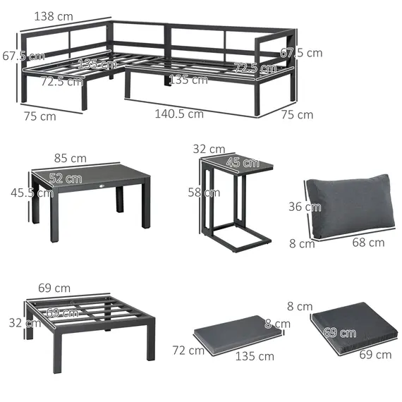 Buy Outsunny 5-Piece L-shaped Garden Furniture Set, Aluminium Conversation Set, Corner Sofa Set with Coffee Table End Table Cushions, Grey Frame, 2 image