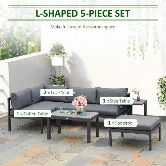 Buy Outsunny 5-Piece L-shaped Garden Furniture Set, Aluminium Conversation Set, Corner Sofa Set with Coffee Table End Table Cushions, Grey Frame, 3 image