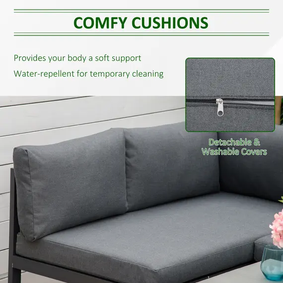Buy Outsunny 5-Piece L-shaped Garden Furniture Set, Aluminium Conversation Set, Corner Sofa Set with Coffee Table End Table Cushions, Grey Frame, 4 image