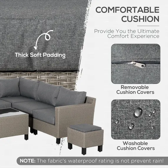 Buy Outsunny 8 PCS Outdoor PE Rattan Sofa Set, Patio All Weather Wicker Conservatory Corner Sofa Furniture, w/Tempered Glass Coffee Table & Cushions, Grey, 4 image