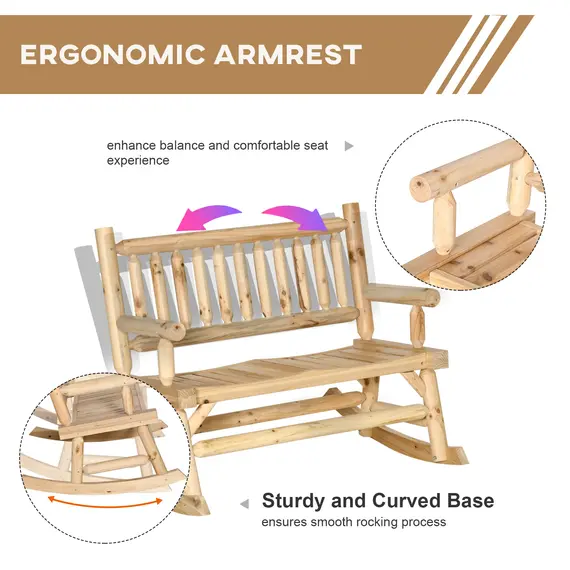 Buy Outsunny Garden 2-Seater Rocking Bench Wood Frame Rough-Cut Log Loveseat Slatted High Back Rustic Style w/ Armrests Garden Outdoor Furniture, Natural, 3 image
