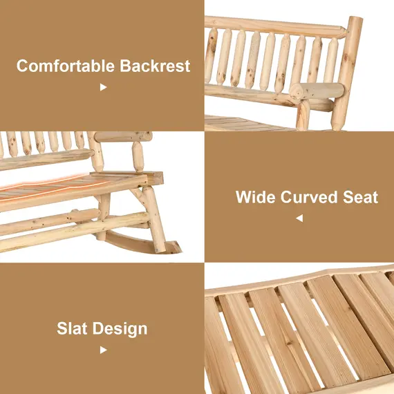Buy Outsunny Garden 2-Seater Rocking Bench Wood Frame Rough-Cut Log Loveseat Slatted High Back Rustic Style w/ Armrests Garden Outdoor Furniture, Natural, 4 image