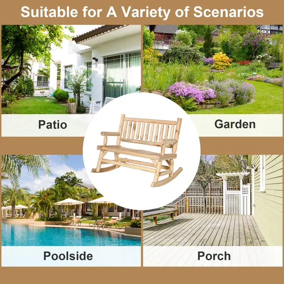 Buy Outsunny Garden 2-Seater Rocking Bench Wood Frame Rough-Cut Log Loveseat Slatted High Back Rustic Style w/ Armrests Garden Outdoor Furniture, Natural, 5 image