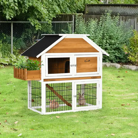 Buy PawHut 2 Tier Wooden Rabbit Hutch, Guinea Pig Cage, Bunny Run, Small Animal House with Plant Box, Slide-out Tray, Ramp, 123 x 58 x 106cm, Natural