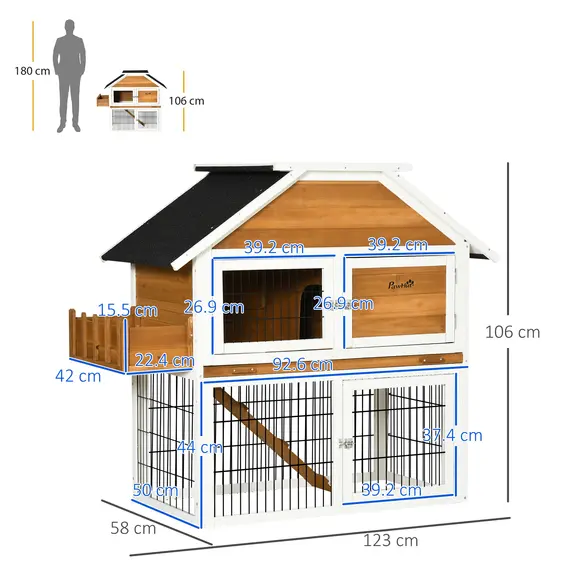 Buy PawHut 2 Tier Wooden Rabbit Hutch, Guinea Pig Cage, Bunny Run, Small Animal House with Plant Box, Slide-out Tray, Ramp, 123 x 58 x 106cm, Natural, 2 image