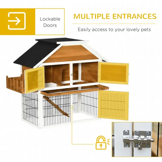 Buy PawHut 2 Tier Wooden Rabbit Hutch, Guinea Pig Cage, Bunny Run, Small Animal House with Plant Box, Slide-out Tray, Ramp, 123 x 58 x 106cm, Natural, 4 image
