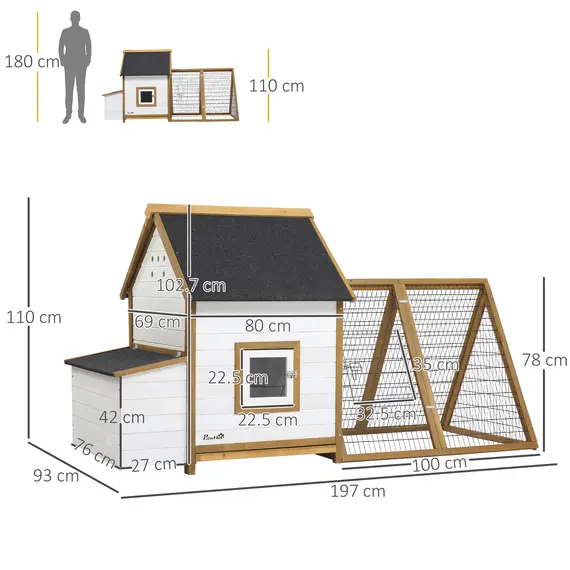 Buy PawHut Chicken Coop, Hen House, Wooden Poultry Cage with Outdoor Run, Nesting Box, Removable Tray, Window and Lockable Door, 197 x 93 x 110cm, 2 image