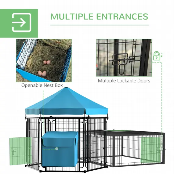 Buy PawHut Steel Chicken Coop, Outdoor Hexagonal Hen House, Heavy-Duty Detachable Poultry Cage w/ Water-Resistant Canopy, Run, Nesting Box - Blue, 5 image